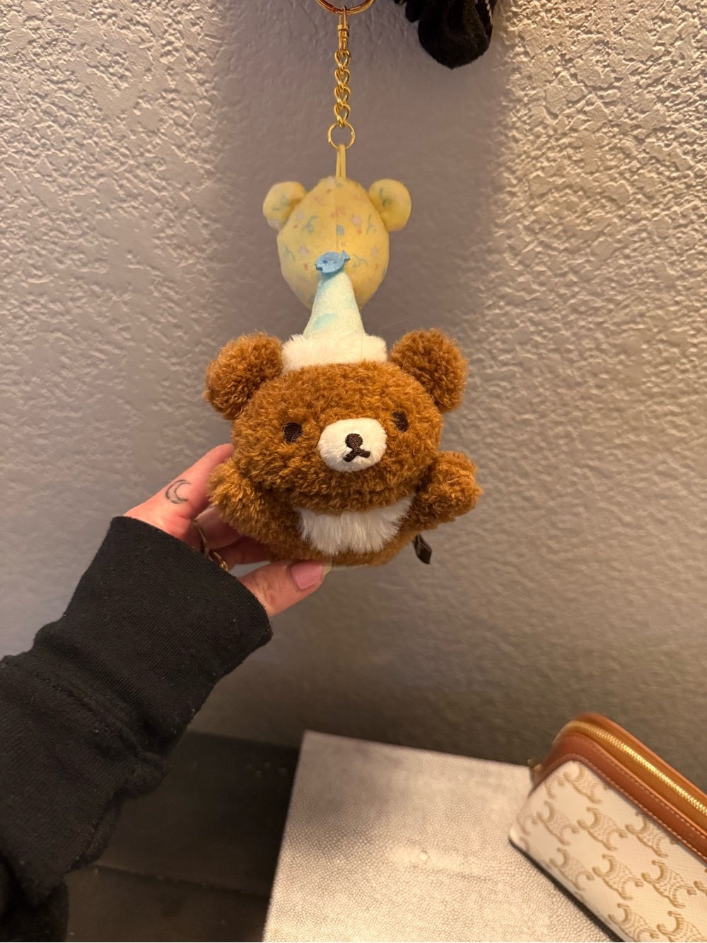 Plush Brown Bear Keychain with Blue Party Hat